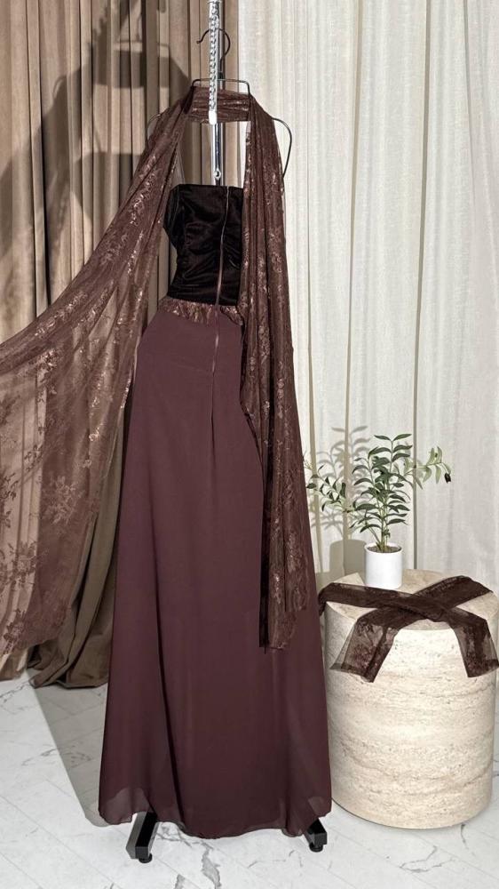 فستان سهره مخمل ودانتيل بني
