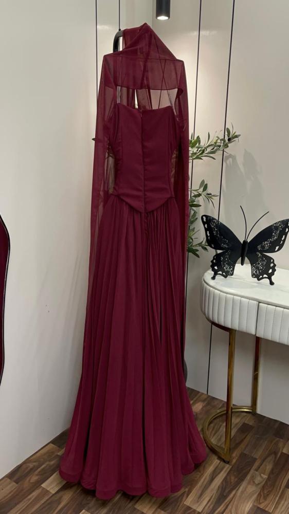 Elegant long evening dress, georgette fabric, Barbie bust, with exquisite hand embroidery