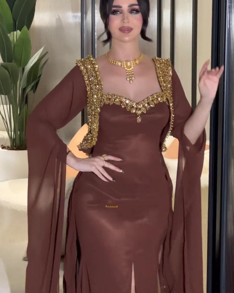 Elegant evening dress, Georgette fabric, with embroidered handwork, original and classy