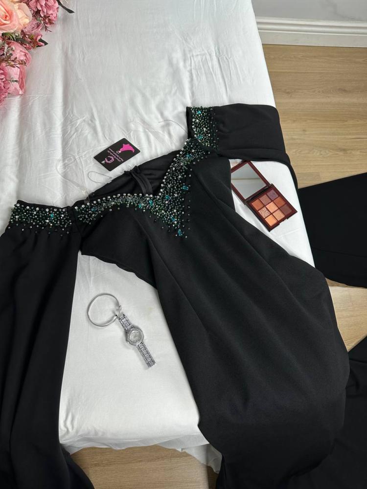 Black dress material: crepe stretch + rhinestones