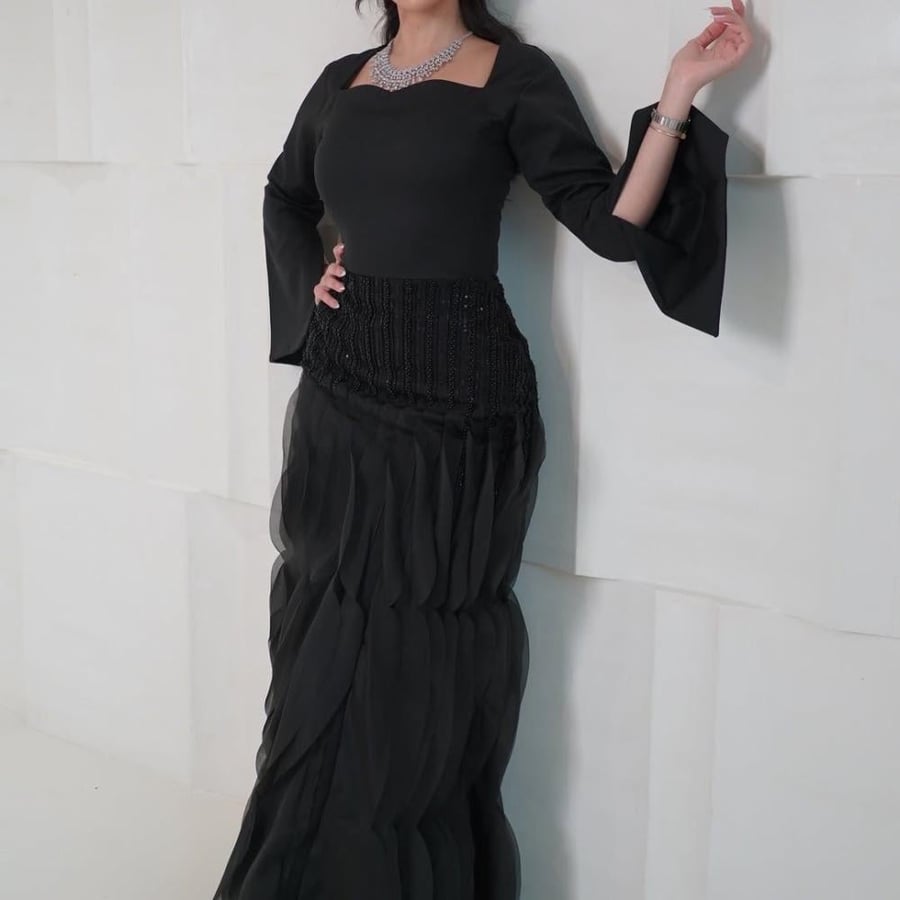 Evening dress, Barbie fabric, pleated, with hand embroidery and crystals