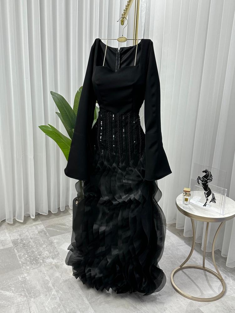 Evening dress, Barbie fabric, pleated, with hand embroidery and crystals