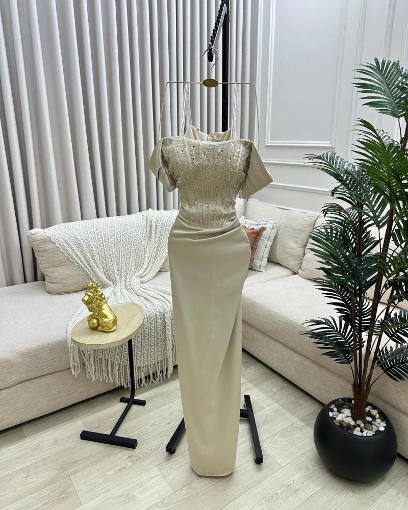 Evening dress, elegant sophisticated color, crepe stretch fabric, + elegant hand embroidery, + crystal