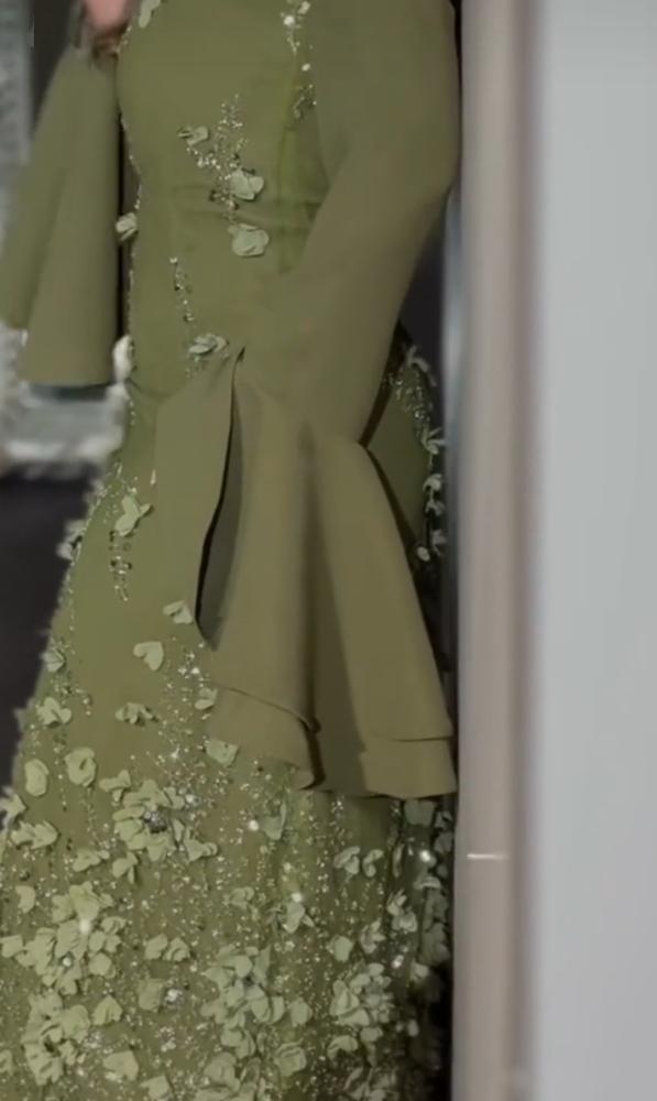 Elegant evening dress with two colors: olive and mauve, made of Barbie fabric on embroidered chiffon, with a flower