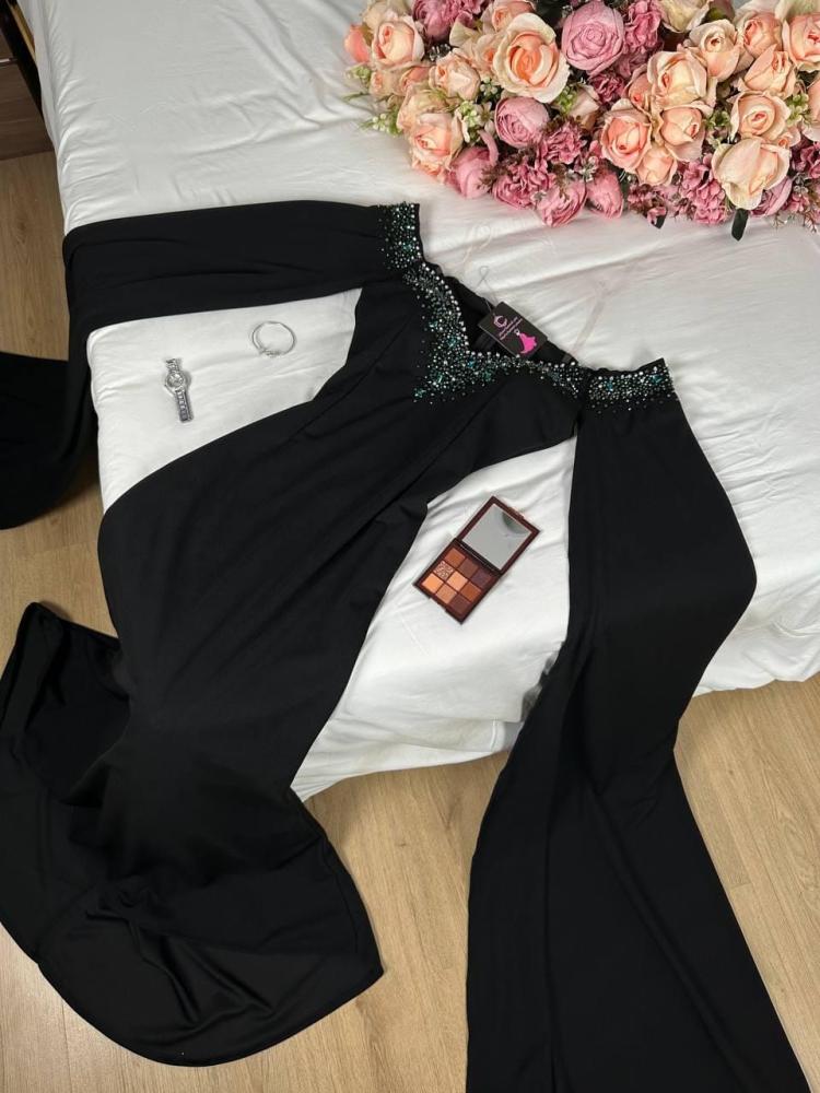 Black dress material: crepe stretch + rhinestones