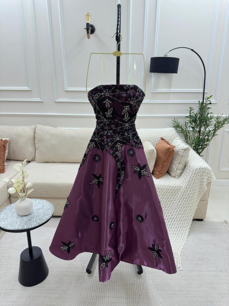 Evening dress short fabric organza + hand embroidery beads