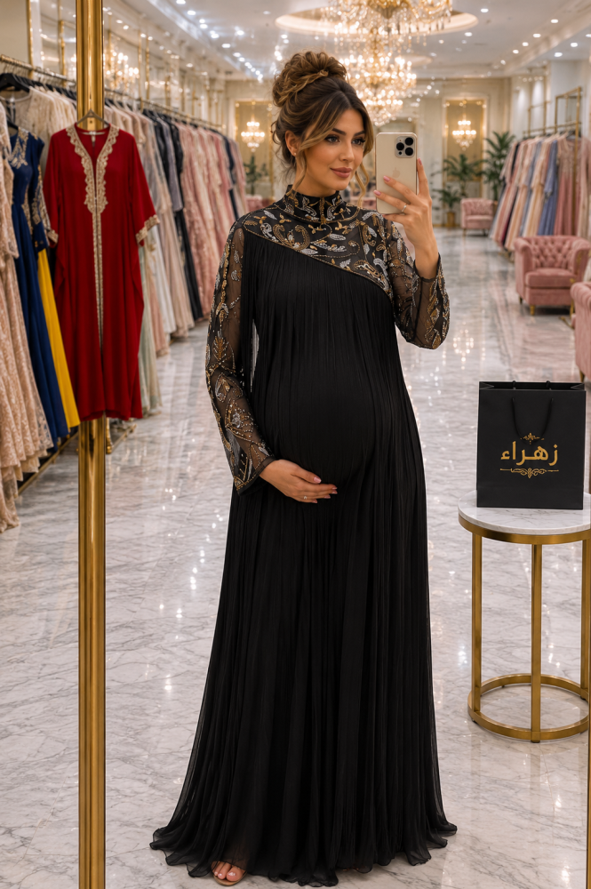 فستان حوامل سهره راقي طويل لون اسود  خامه