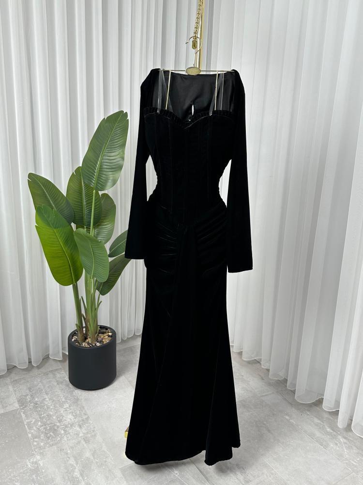 Evening dress black color fabric crepe stretch + hand embroidery on the chest