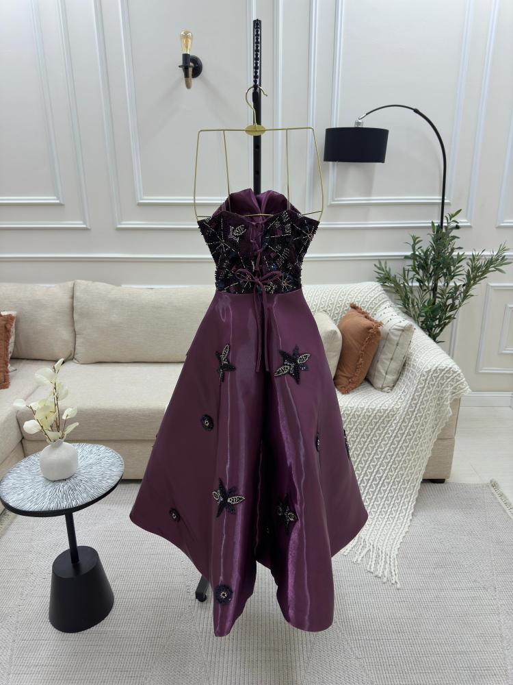 Evening dress short fabric organza + hand embroidery beads
