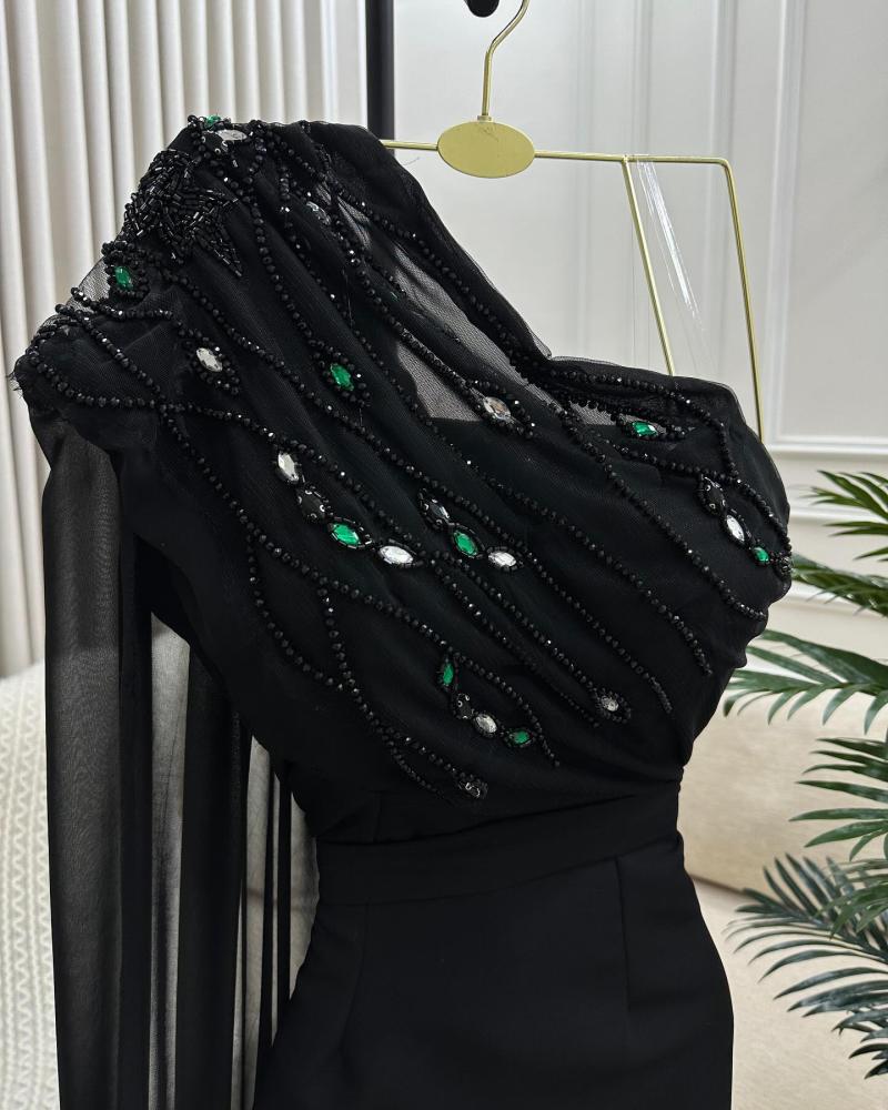 Eid dress, elegant evening, crepe stretch fabric, with sophisticated hand embroidery
