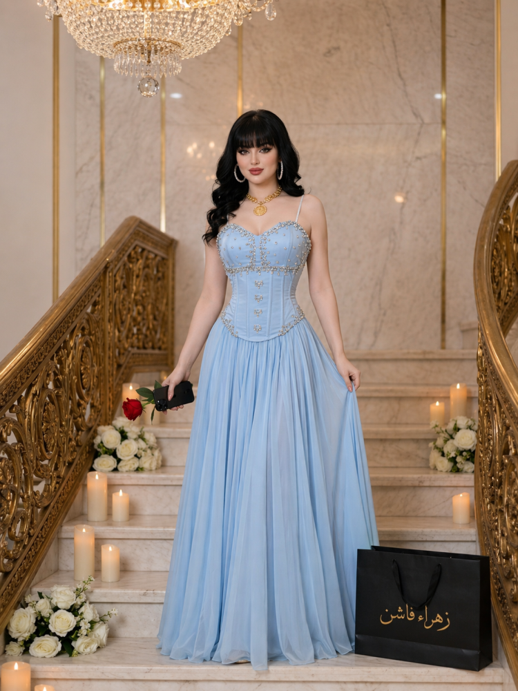 Elegant long evening dress, Barbie fabric, hand embroidery on chiffon