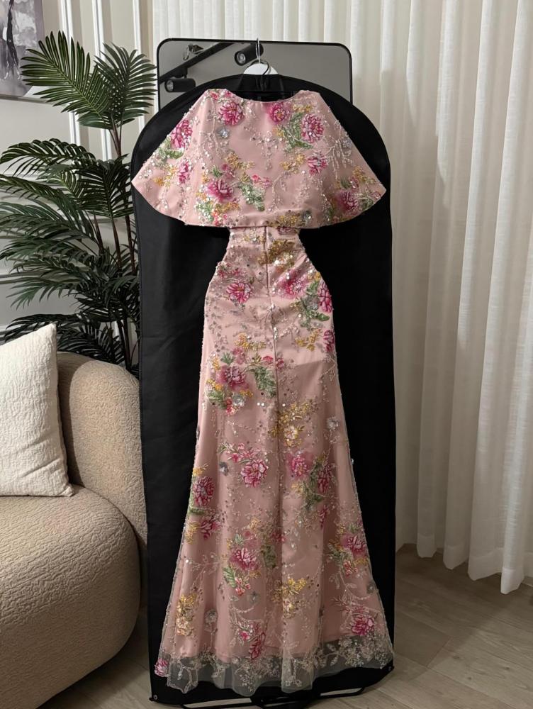 Elegant long evening dress, fabric Bari, embroidered on the neckline