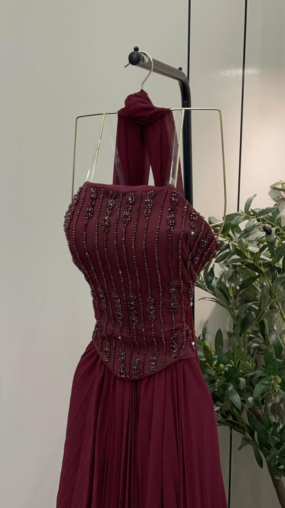 Elegant long evening dress, georgette fabric, Barbie bust, with exquisite hand embroidery
