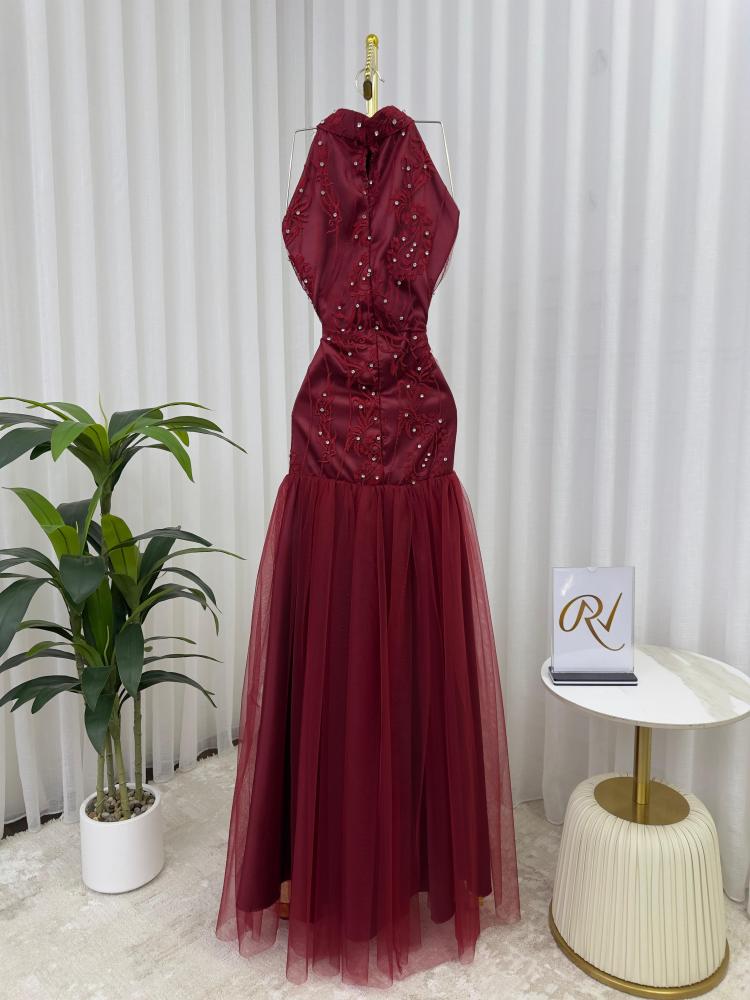 Lace tulle dress with embroidery, rhinestones, elegant