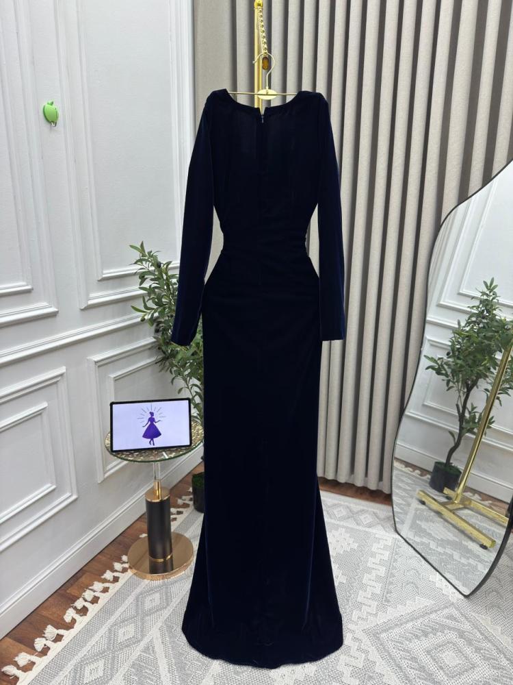 Elegant navy blue winter dress, velvet fabric