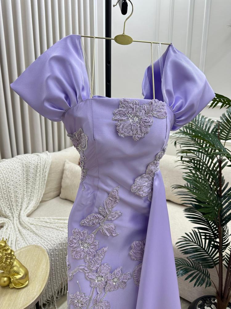 Evening dress, elegant and sophisticated color, original Mikado fabric, first-class, and embroidered floral elegant fabric.