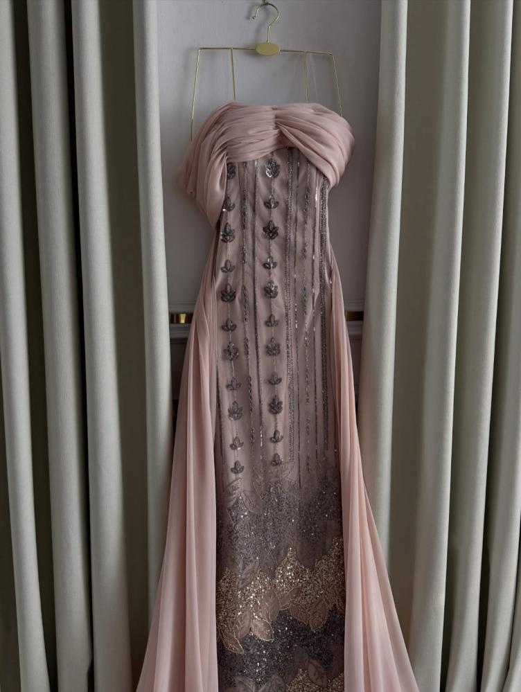 Evening dress, elegant sophisticated color, embroidered lace on Barbie lining, and chiffon train
