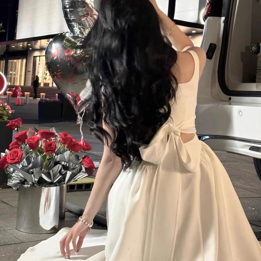 Long white evening dress, material: matte textured elegant + with a tie in the waist