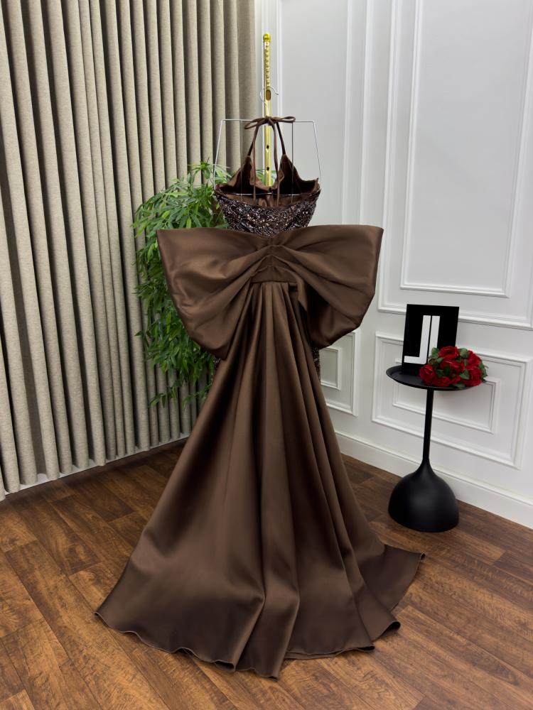 Elegant brown evening dress, Mikado fabric with Barbie + sophisticated hand embroidery