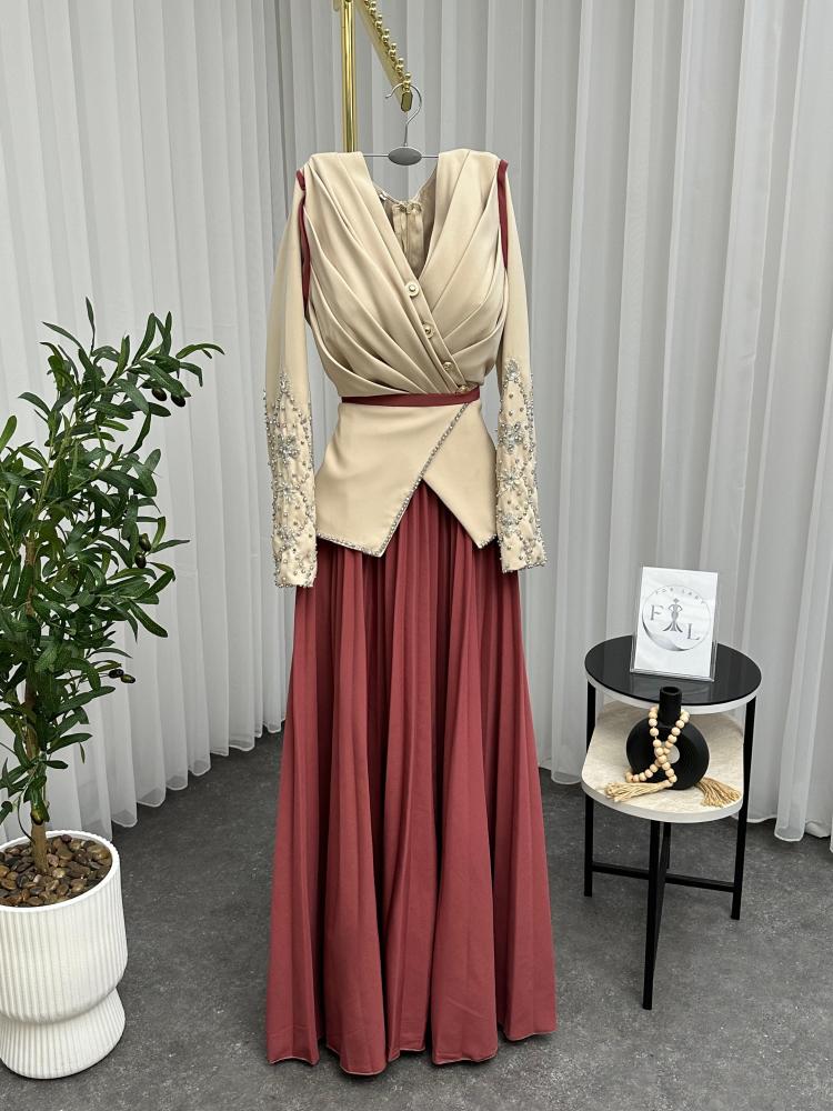 Elegant evening dress, Barbie fabric, with pleats and ruffles