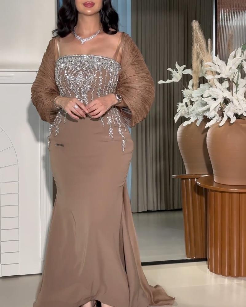 Evening dress, elegant and sophisticated color, crepe stretch fabric + chiffon + exquisite hand embroidery