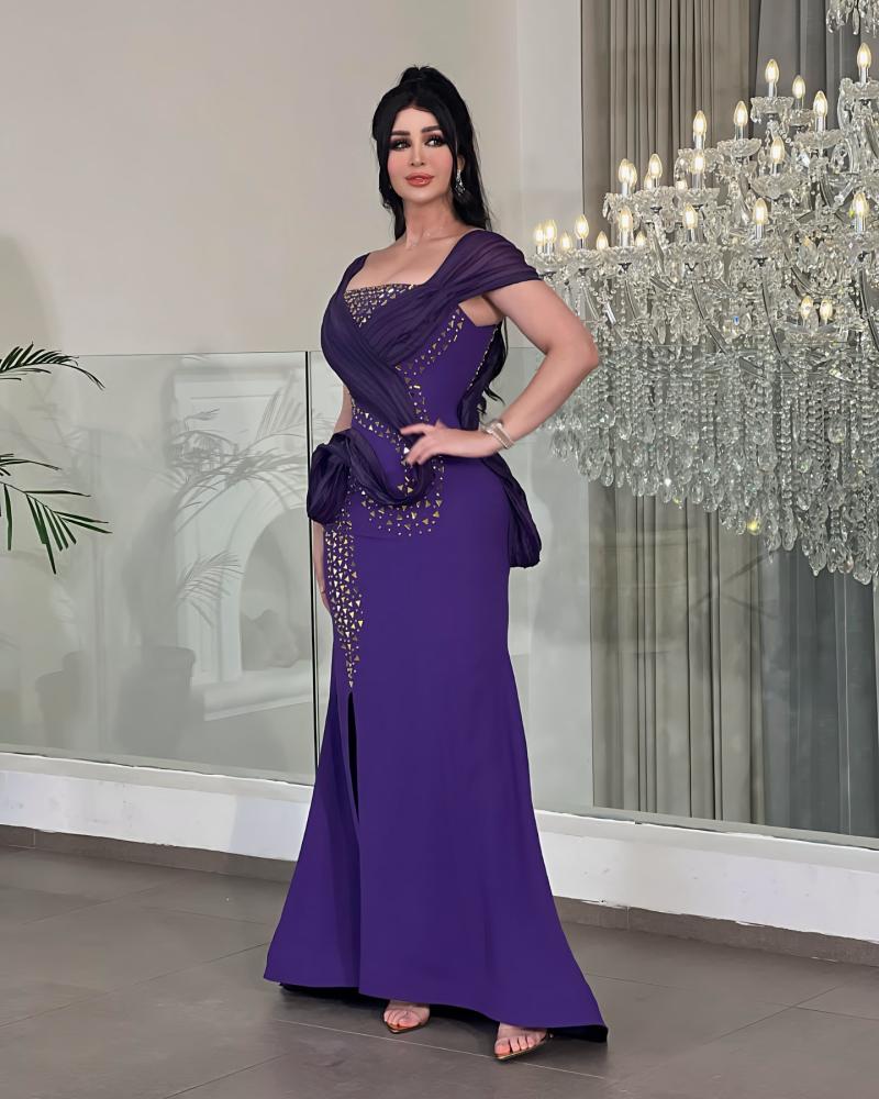 Evening dress in elegant sophisticated color, crepe stretch fabric, hand-embroidered