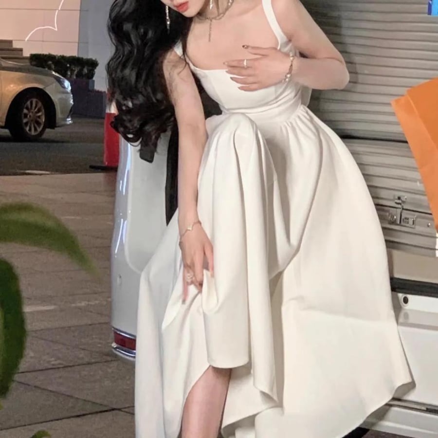 Long white evening dress, material: matte textured elegant + with a tie in the waist
