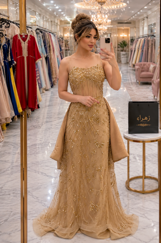 فستان سهره راقي طويل خامه ميكادو عل تطريز يدوي راقي
