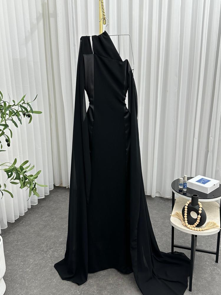 Evening dress black elegant color fabric type: crepe with crinkle with chiffon + hand embroidery