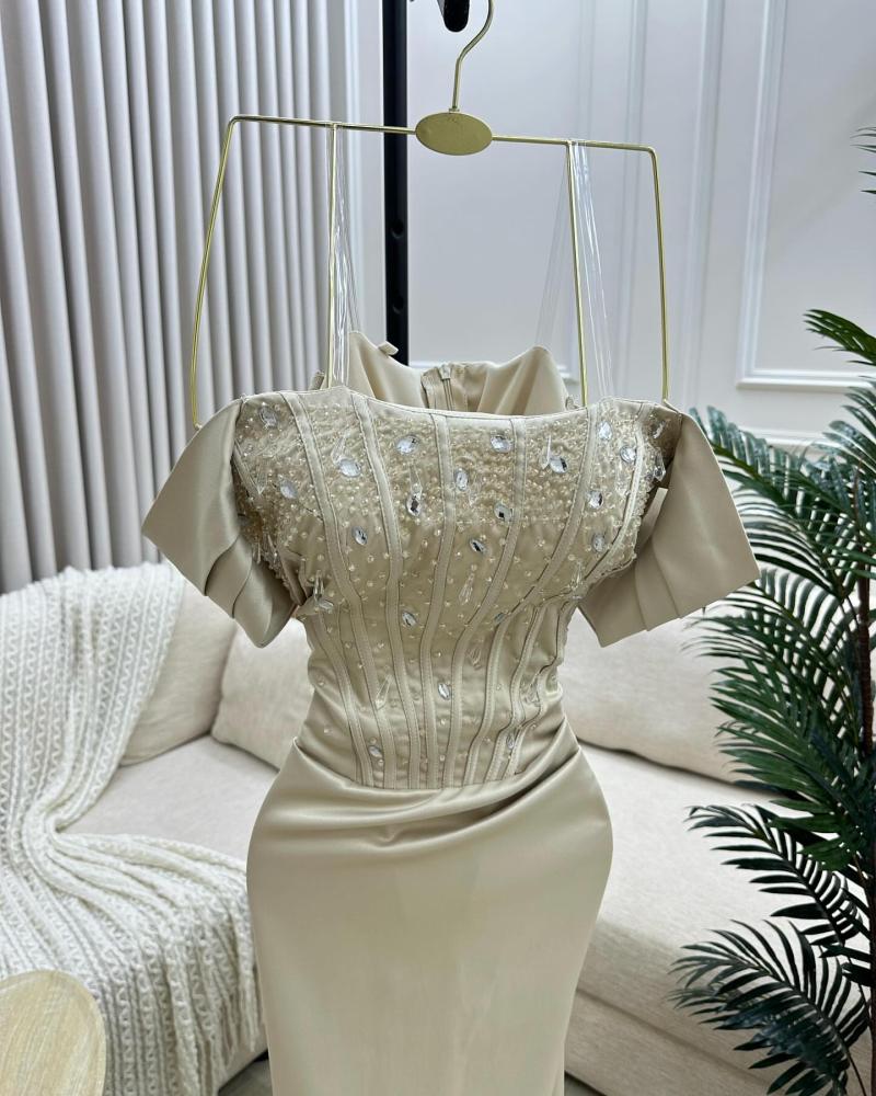 Evening dress, elegant sophisticated color, crepe stretch fabric, + elegant hand embroidery, + crystal