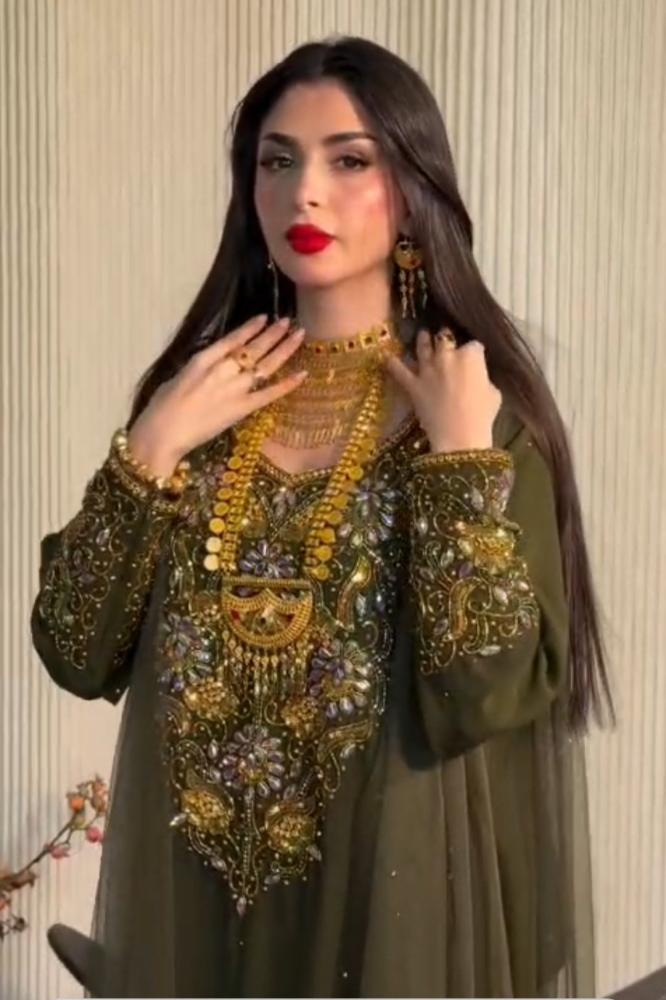 Long modest Jellabiya, Barbie fabric on Georgite, hand embroidery work