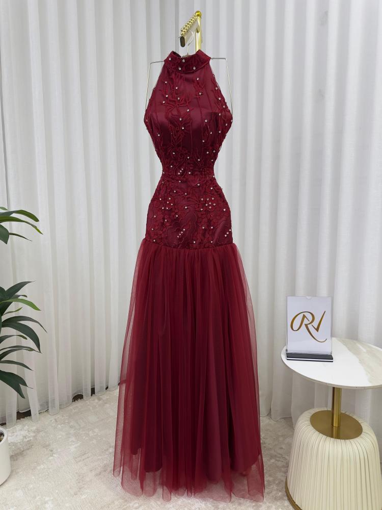 Lace tulle dress with embroidery, rhinestones, elegant
