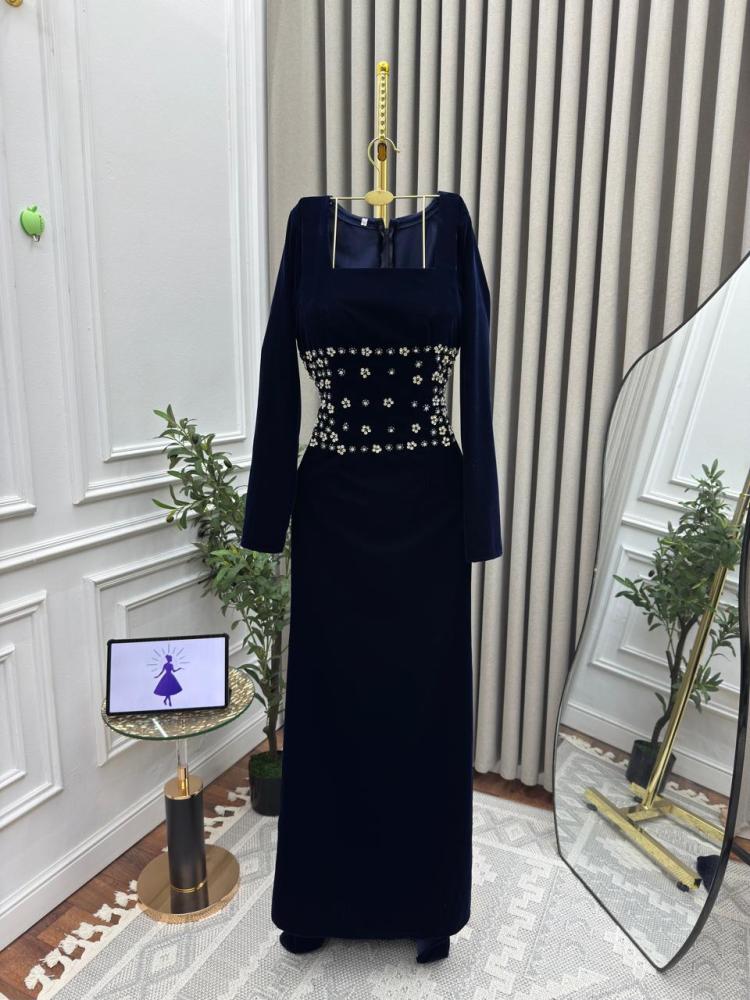 Elegant navy blue winter dress, velvet fabric