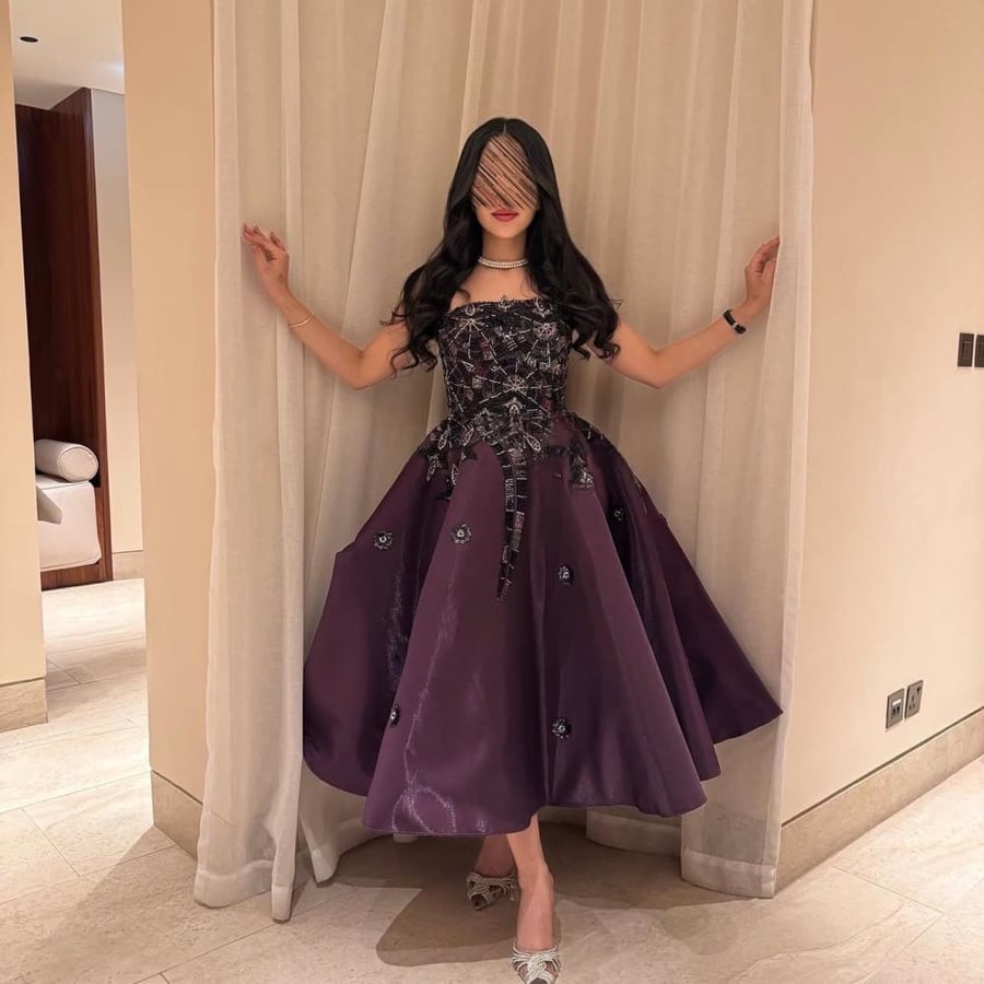 Evening dress short fabric organza + hand embroidery beads