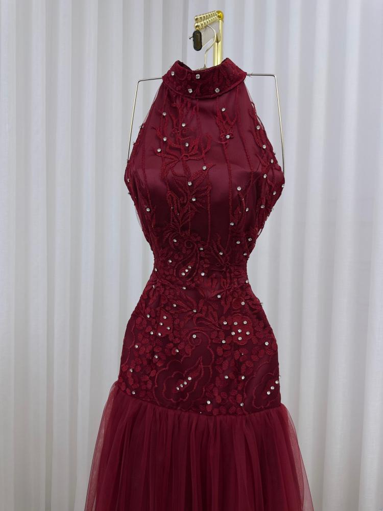 Lace tulle dress with embroidery, rhinestones, elegant