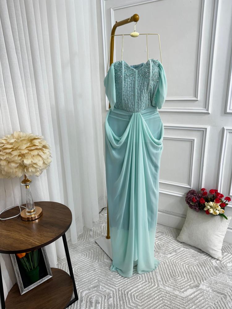 Light turquoise elegant dress, material: chiffon georgette, hand-embroidered