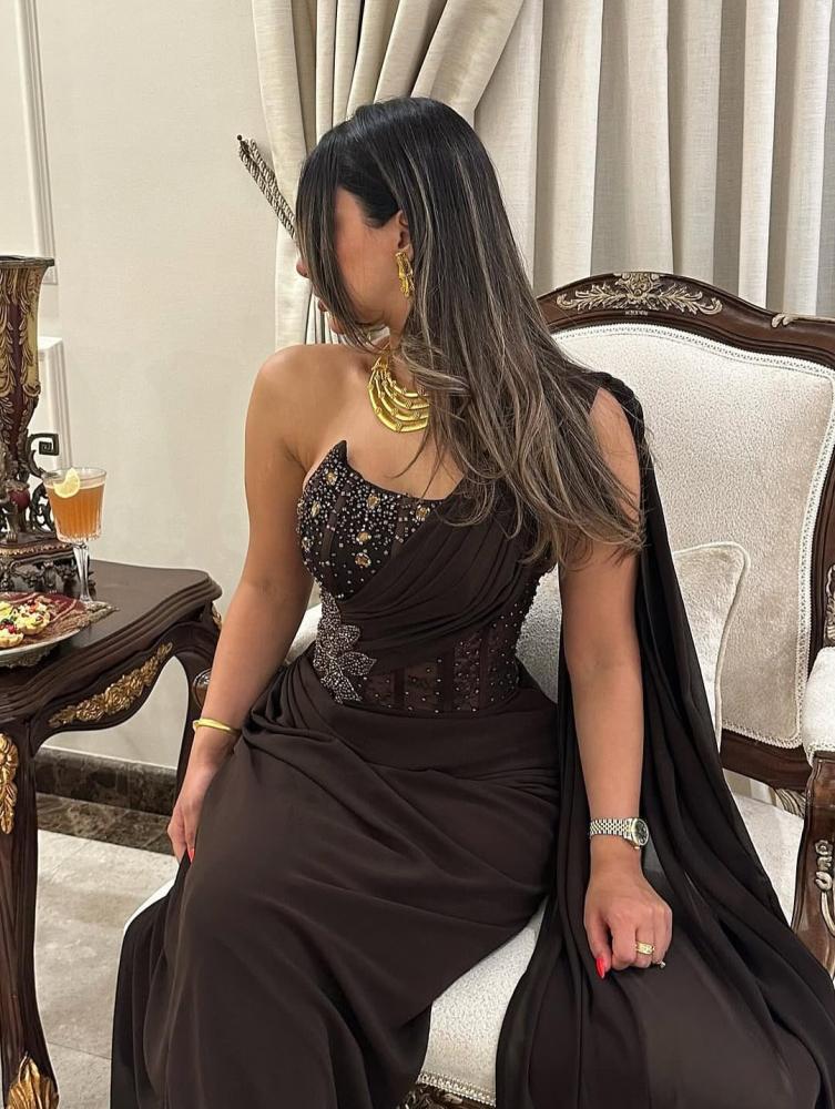 Evening dress in elegant sophisticated color, crepe stretch fabric, hand-embroidered