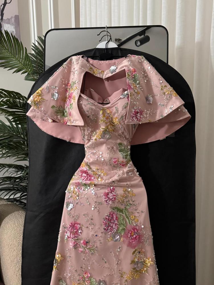 Elegant long evening dress, fabric Bari, embroidered on the neckline