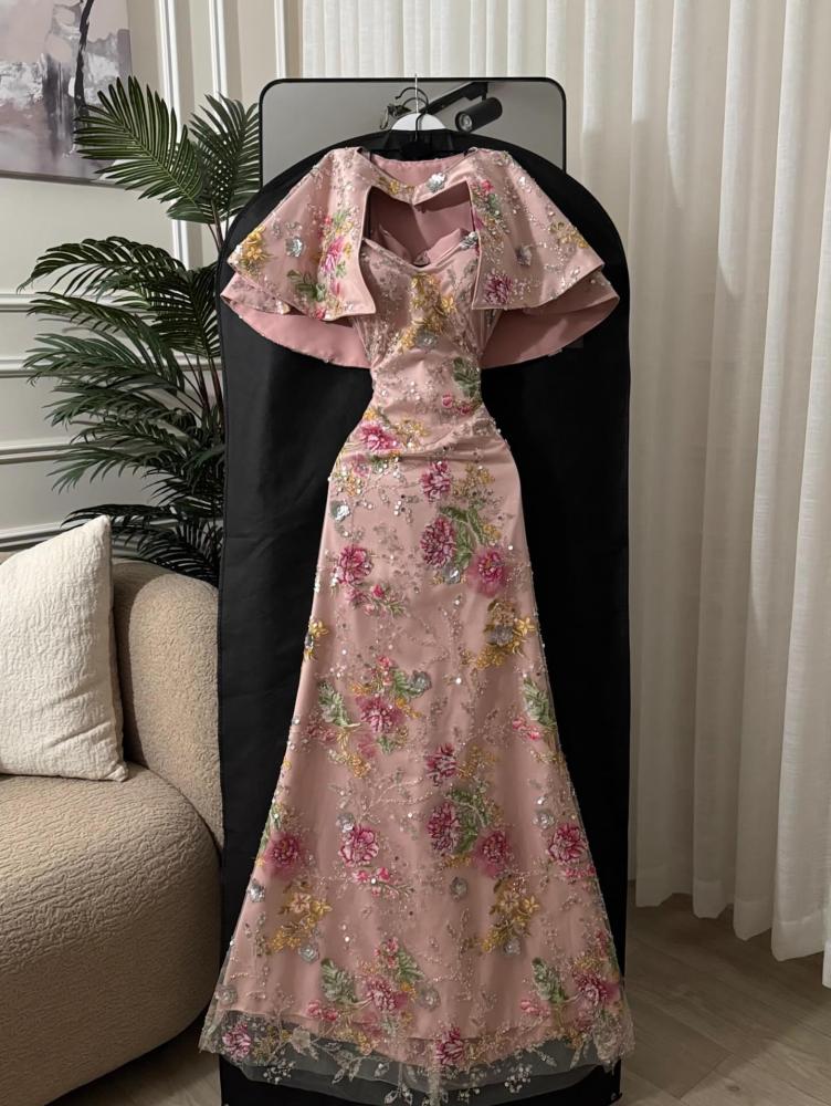 Elegant long evening dress, fabric Bari, embroidered on the neckline
