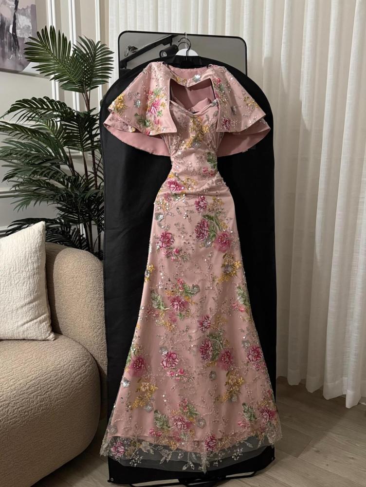 Elegant long evening dress, fabric Bari, embroidered on the neckline