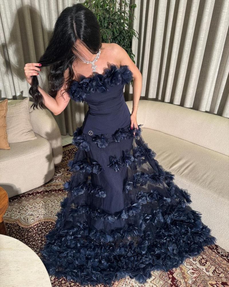 Navy evening dress, crinkled fabric, stretch, floral