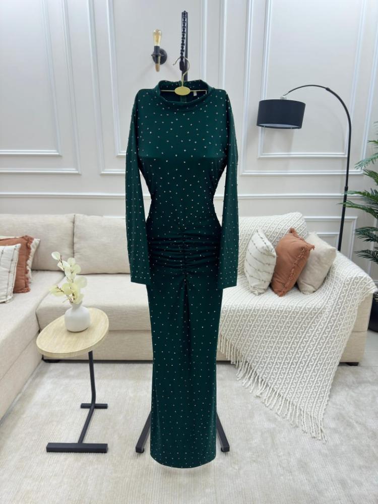 Elegant evening dress dark green color sequin fabric + pearl