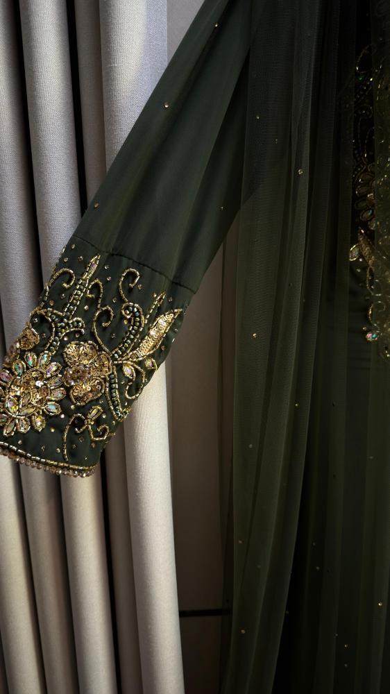 Long modest Jellabiya, Barbie fabric on Georgite, hand embroidery work