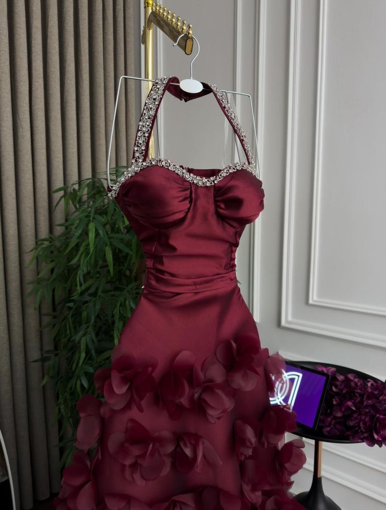 Elegant evening dress, stylish color, mikado fabric with floral pattern