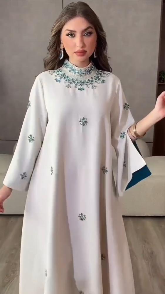Elegant long modest evening gown, white color, stylish, two layers, original first grade, with hand-stitched crystal embroidery.
