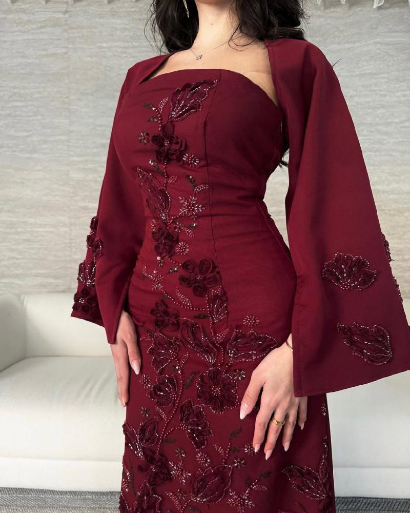 Elegant evening dress, crepe fabric with sophisticated hand embroidery