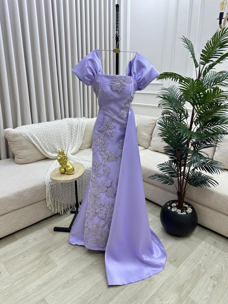 Evening dress, elegant and sophisticated color, original Mikado fabric, first-class, and embroidered floral elegant fabric.