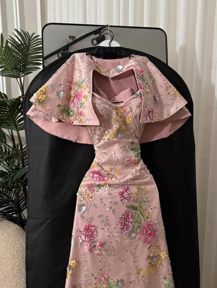 Elegant long evening dress, fabric Bari, embroidered on the neckline