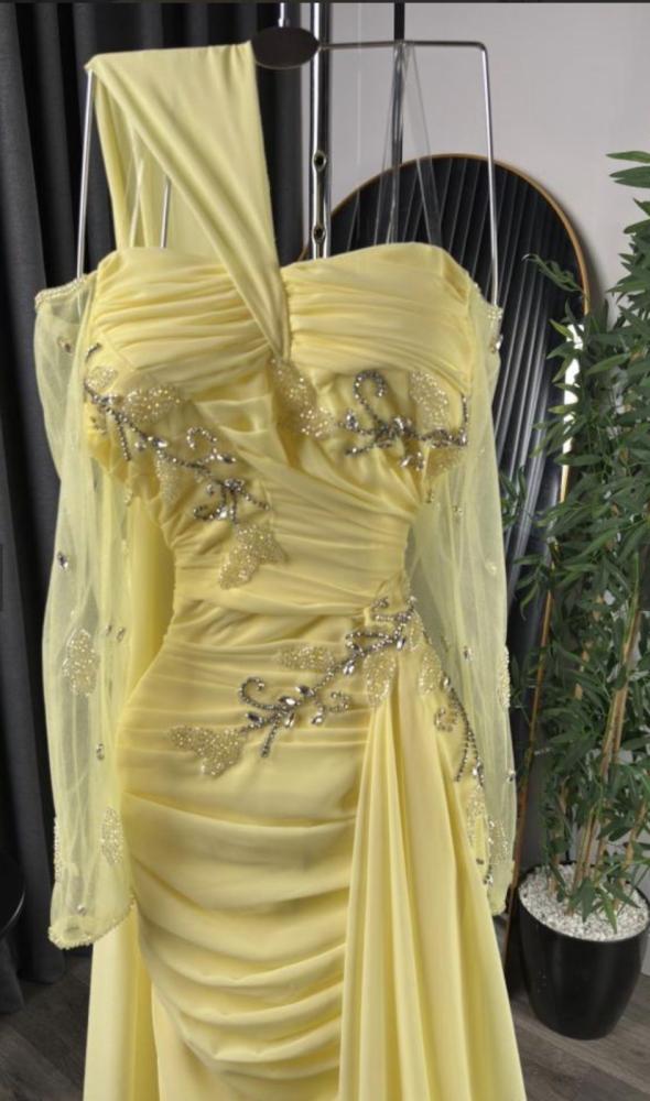 Evening dress, elegant color, crepe stretch fabric, with sleeve.