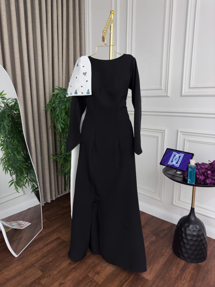 Long elegant evening black dress, material: crepe stretch